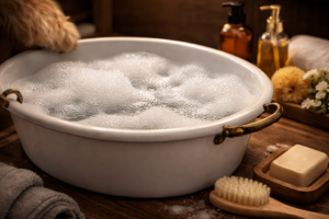 cozy dog bath setup with grooming tools
