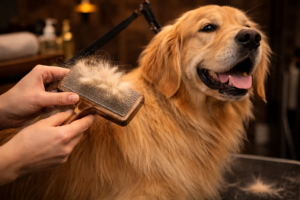 grooming session with a golden retriever