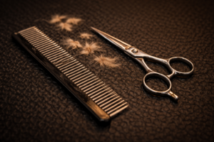 grooming tools on black mat